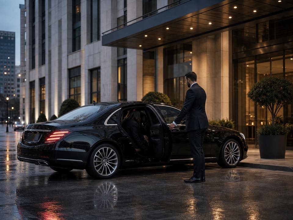 Blackoaks chauffeur opening the rear door of a black executive sedan outside a Toronto hotel