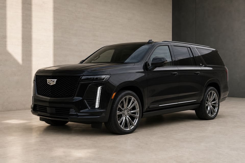 Black Cadillac Escalade in a warm ivory studio