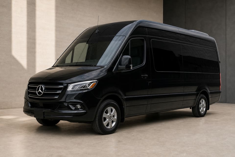 Blackoaks black Mercedes-Benz Sprinter passenger van in a warm ivory studio